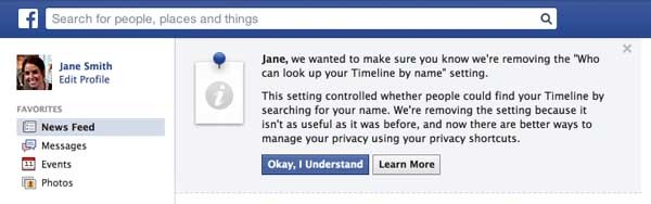 Il messaggio che apparirà al gruppo di persone che hanno fin qui impedito la ricerca pubblica (ma interna, non su Google) del proprio profilo su Facebook.
