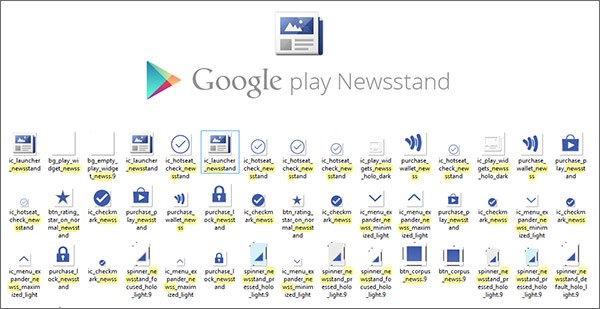 Le icone di Google Play Newsstand trovate nell'APK di Google Play Store 4.4.21