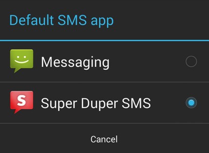 La schermata che in Android 4.4 KitKat permetterà agli utenti di selezionare l'applicazione per la gestione dei messaggi SMS
