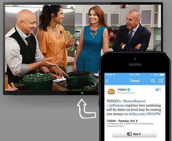 Un esempio di come funziona il sistema seeit, parnership tra Twitter e ComCast. Il tweet permette di sintonizzare il canale su tutti i device, compresa la televisione.
