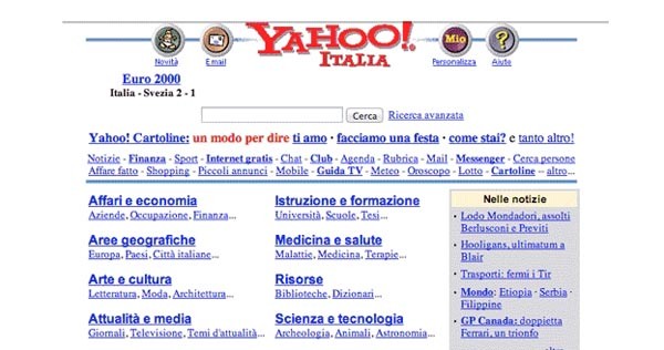 L'aspetto della home page di Yahoo Italia nella sua prima versione, anno 1999.