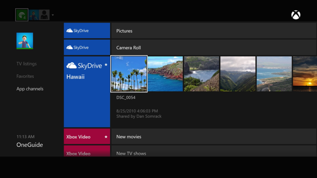 Le foto e i video di SkyDrive sono accessibili direttamente dalla OneGuide su Xbox One.