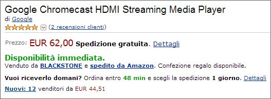 L'attuale prezzo di Chromecast su Amazon (lunedì 25/11/2013)
