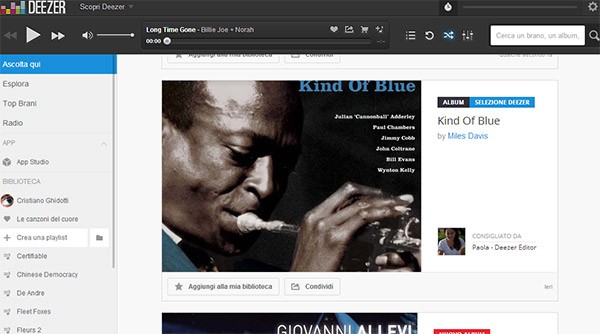 La sezione "Ascolta qui" di Deezer, con consigli musicali forniti in base ai gusti degli utenti