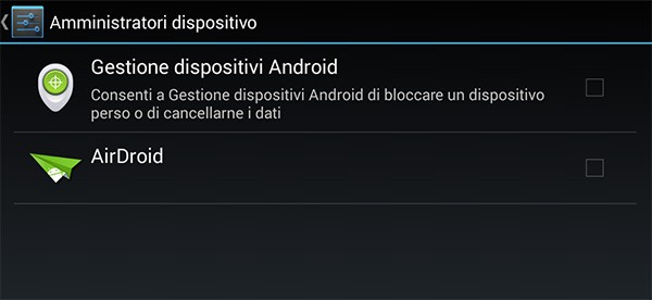 L'impostazione Gestione Dispositivi Android tra le opzioni relative alla sicurezza