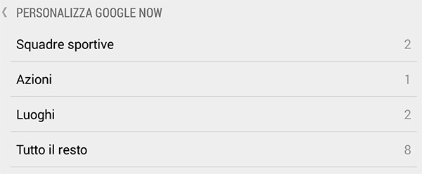 La schermata per la configurazione di Google Now