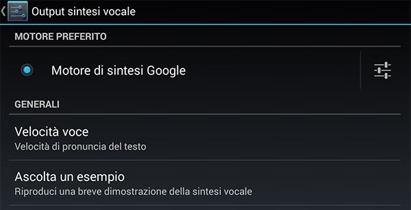 La schermata per le impostazioni dell'app Sintesi vocale di Google