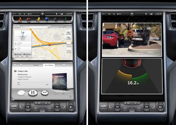 Il pannello touchscreen da 17 pollici integrato nella dashboard dell'automobile elettrica Tesla Model S
