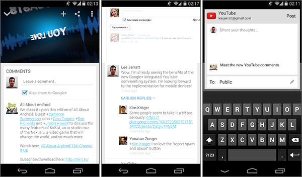 Il sistema di commenti di Google+ utilizzato nell'app mobile di YouTube
