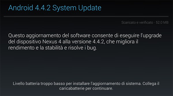 Il messaggio che avvisa della possibilità di scaricare e installare Android 4.4.2 KitKat