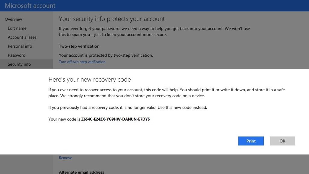 Il nuovo recovery code dell'account Microsoft.