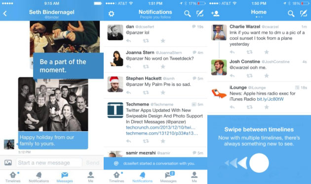 Immagini nei messaggi diretti, pulsante Messaggi e swipe tre le timeline.