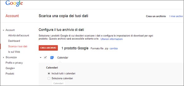 La possibilità di scaricare ed esportare i dati di Calendar con Google Takeout