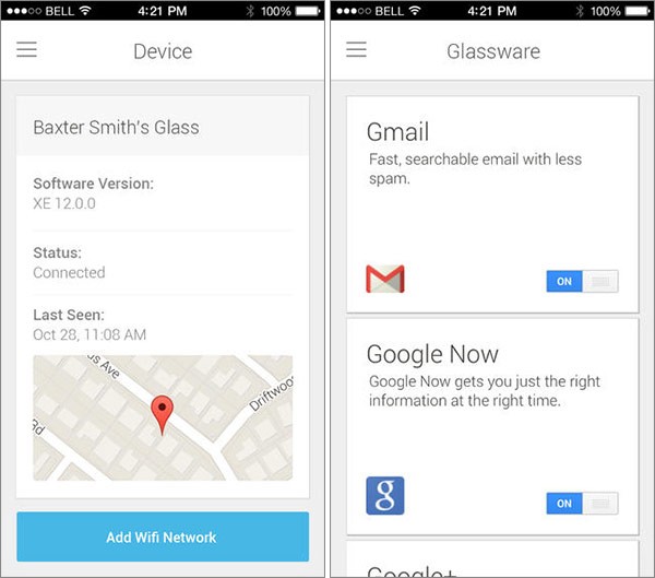 Screenshot per l'applicazione MyGlass pubblicata da Google su App Store