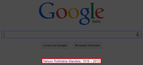 L'omaggio di Google a Nelson Mandela, scomparso nella serata di ieri, con un link sulla homepage del motore di ricerca