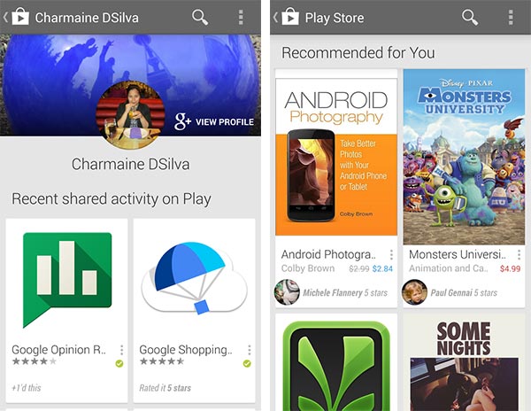 Due screenshot per mostrare gli effetti dell'integrazione di Google+ in Google Play, con le raccomandazioni provenienti dai propri amici e familiari