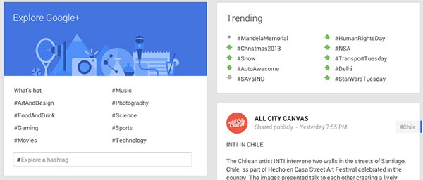La nuova sezione Esplora (Explore in inglese) di Google+, che raccoglie gli hashtag da mettere in evidenza