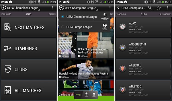 L'interfaccia dell'applicazione HTC FootballFeed per Android