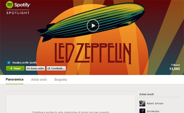 La pagina dei Led Zeppelin su Spotify