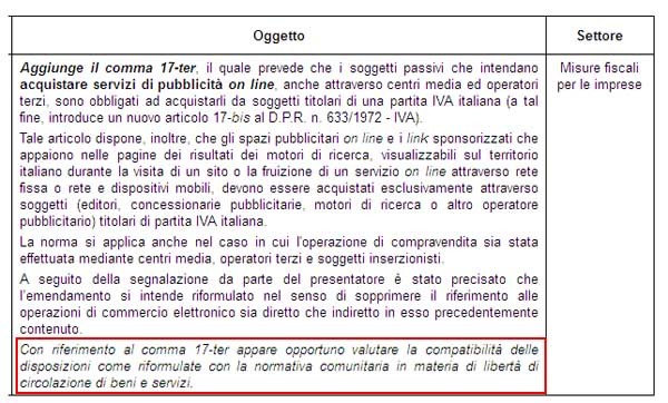 Il centro studi della Camera ha premesso  nella valutazione dei vari emendamenti alla legge di stabilità che quelli attinenti alla webtax potrebbero non essere coerenti coi trattati europei.