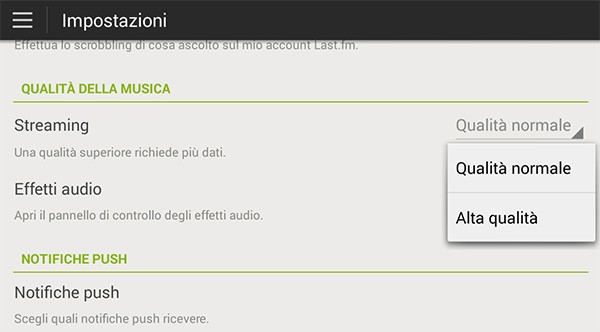 Le impostazioni di Spotify, per configurare la qualità della musica ascoltata in streaming