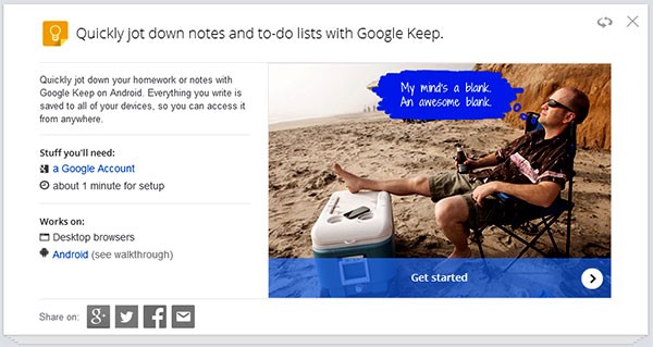 La scheda del servizio Keep per la gestione di appunti e promemoria su Google Tips