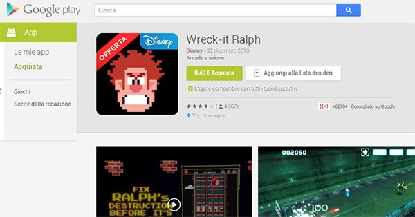 La scheda del gioco Wreck-it Ralph per Android su Google Play