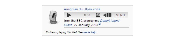 Un esempio di clip audio sulle pagina di Wikipedia. Nel caso di Aung San Suu Kyi, si tratta di un discorso recente, linkato a tutte le fonti citate.