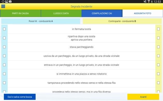Compilazione del modello CAI su tablet Android.