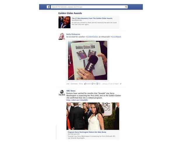 Un esempio dell'effetto dello strumento trending topic su Facebook: il Feed impagina le notizie e i post più recenti dell'argomento in voga (in questo caso:: i golden globe)