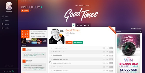 L'interfaccia di Baboom, con l'album "Good Times" di Kim Dotcom già disponibile per lo streaming