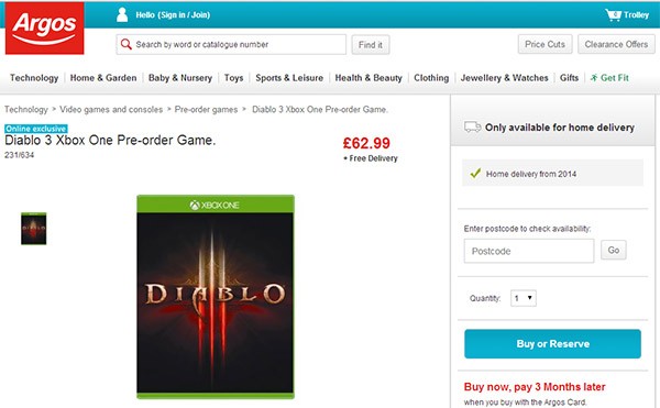 Diablo 3 in pre-ordine nella versione per Xbox One, sullo store britannico Argos