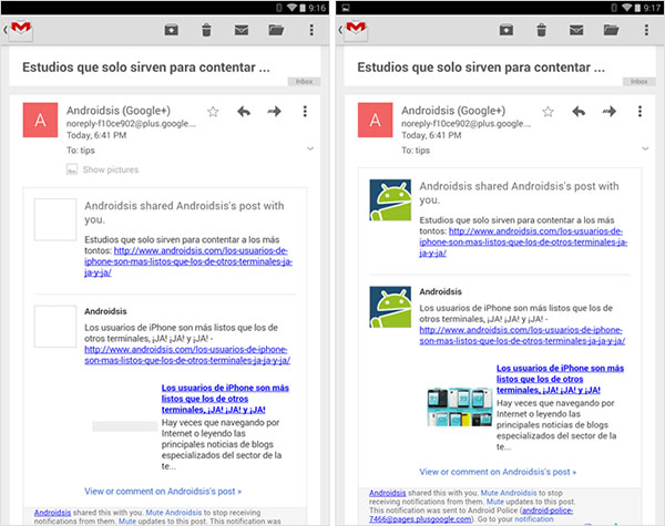 A sinistra la precedente versione di Gmail per Android con le immagini allegate ai messaggi nascoste, a destra la release 4.7.2 che le mostra automaticamente