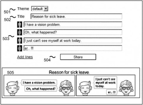 Un'immagine dal brevetto depositato da Google presso USPTO, che trasformerà le conversazioni tra utenti in vere e proprie strisce di fumetti