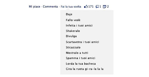 Un esempio di parodia istantanea sorta dopo l'apparizione dei primi termini alternativi a "condividi" su Facebook.