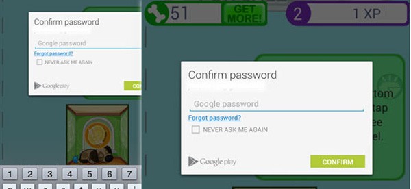 La schermata di immissione della password necessaria per gli acquisti in-game su Android