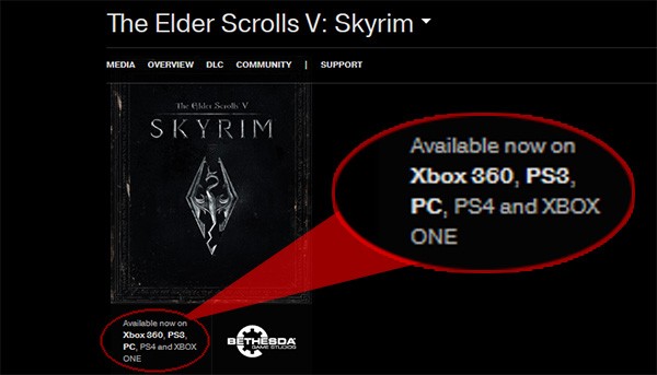 Lo screenshot del sito ufficiale Bethesda, che svela l'arrivo di The Elder Scrolls V: Skyrim su PS4 e Xbox One