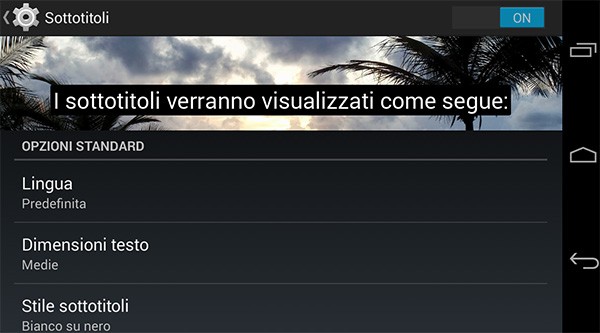 Le opzioni per la visualizzazione dei sottotitoli incluse in Android 4.4 KitKat