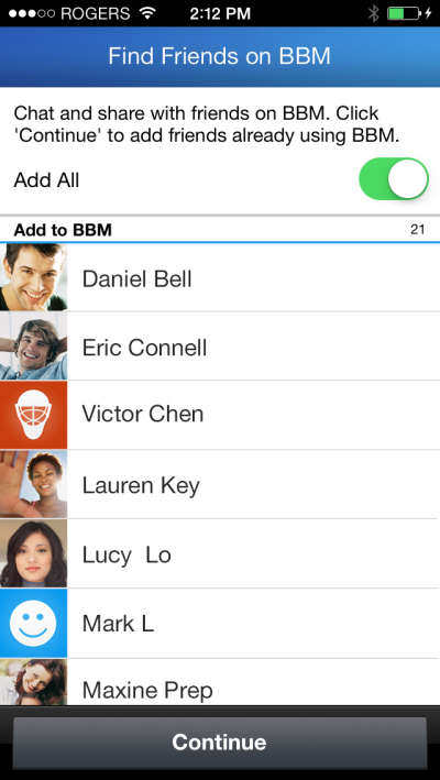 La funzionalità Find Friends in BBM per iPhone.