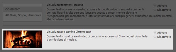 L'opzione da attivare tra le impostazioni Labs di Google Play Music per visualizzare un camino sulla TV mentre si ascolta la musica con Chromecast