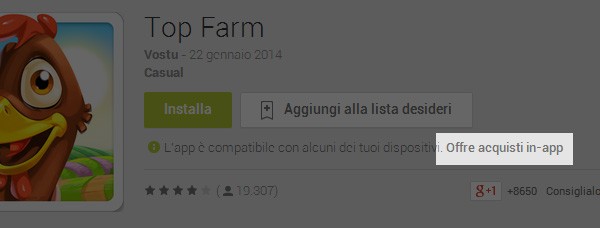 La versione Web dello store Google Play specifica quali applicazioni prevedono la possibilità di effettuare acquisti in-app