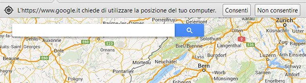 Il messaggio che chiede l'autorizzazione per utilizzare la posizione geografica dell'utente, in modo da determinare la sua posizione (su browser Chrome)
