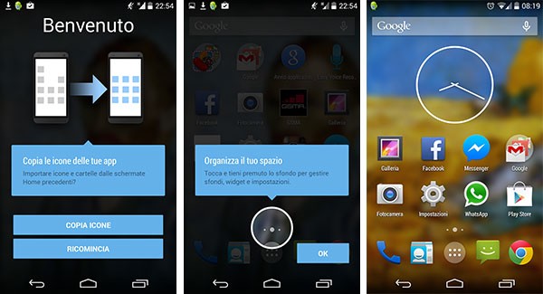 Il semplice processo di configurazione necessario al primo avvio di Google Now Launcher (Avvio Applicazioni Google)