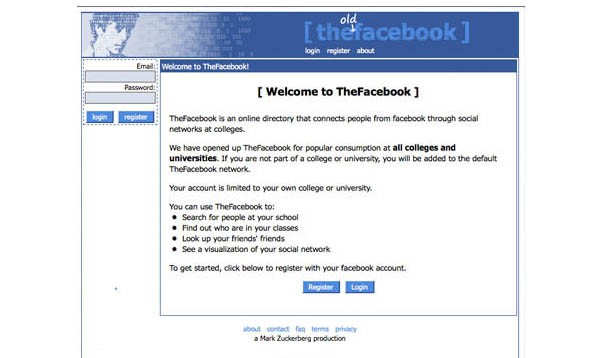 Questa la home page di thefacebook.com, nel febbraio 2004.