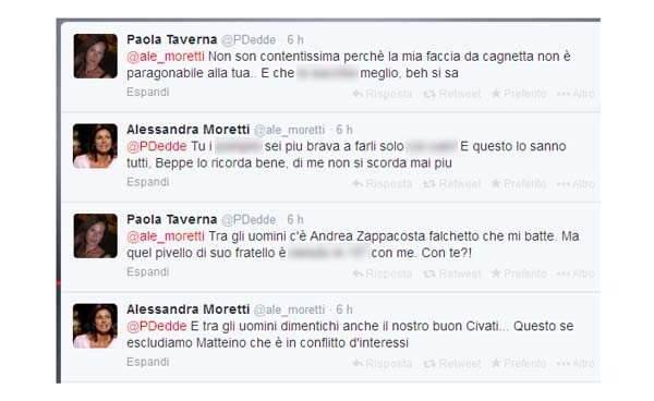 Lo scambio di battute salaci tra le due deputate Alessandra Moretti (PD) e Paola Taverna (M5S) ha sconvolto stamani il social. Unica spiegazione: sono entrambi stati hackerati. Un ennesimo salto di qualità dopo i fake tweet riprodotti ad arte e diffusi sui social per scatenare flame.