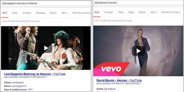 Cercando il nome di un artista o band seguito dal titolo di un brano, nelle pagine dei risultati di Google i video di YouTube compaiono in prima posizione