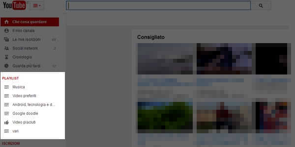 Il riquadro Playlistfa la sua comparsa nella parte sinistra della homepage di YouTube