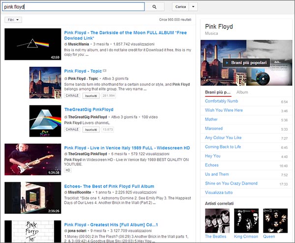 Cercando un musicista o una band su YouTube, la piattaforma mostra un box con brani più popolari, discografia e artisti simili