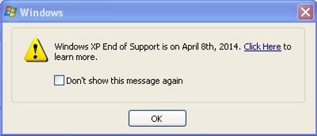 L'avviso che verrà mostrato agli utenti Windows XP a partire dall'8 marzo.