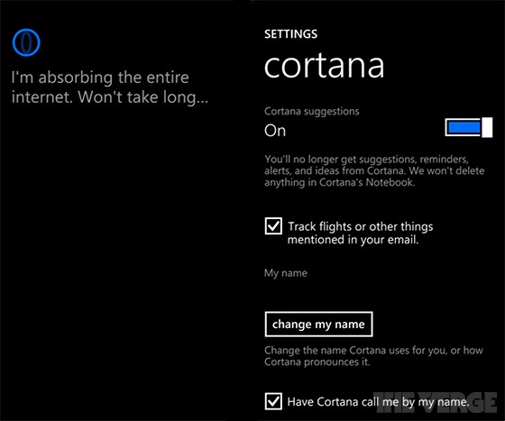 Alcune opzioni di Cortana su Windows Phone 8.1.